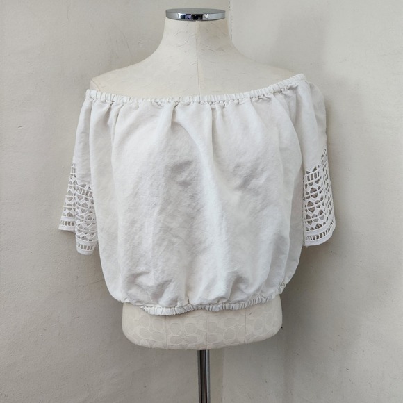 Ashley Stewart Tops - Ashley Stewart White Linen Blend Off Shoulder‎ Crochet Lace Crop Top Womens 16W